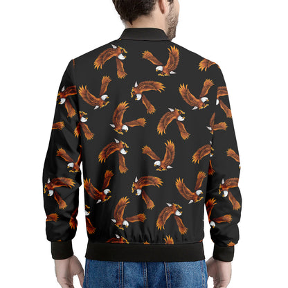 White And Brown Eagle Pattern Print Men's Bomber Jacket