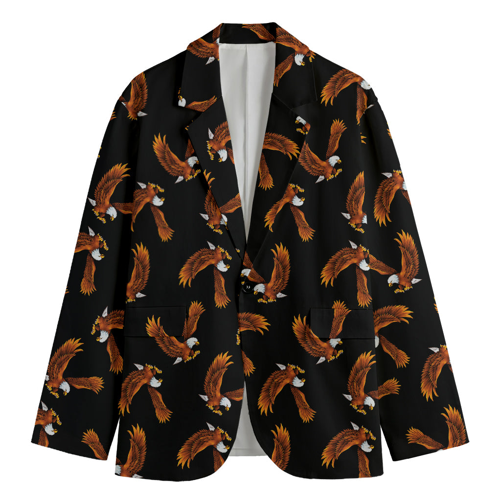 White And Brown Eagle Pattern Print Men's Cotton Blazer