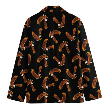 White And Brown Eagle Pattern Print Men's Cotton Blazer