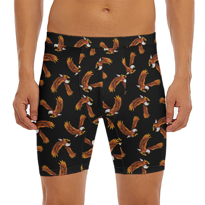 White And Brown Eagle Pattern Print Men's Long Boxer Briefs