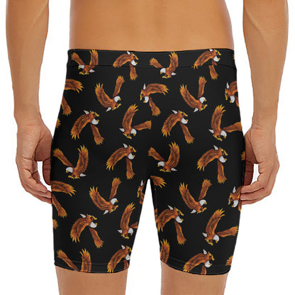 White And Brown Eagle Pattern Print Men's Long Boxer Briefs