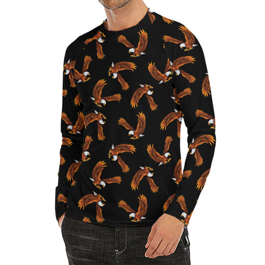 White And Brown Eagle Pattern Print Men's Long Sleeve Rash Guard