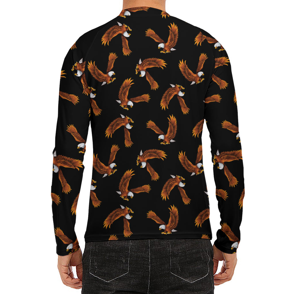 White And Brown Eagle Pattern Print Men's Long Sleeve Rash Guard