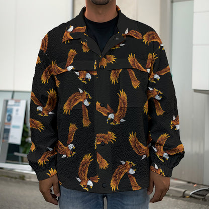 White And Brown Eagle Pattern Print Men's Shirt Jacket