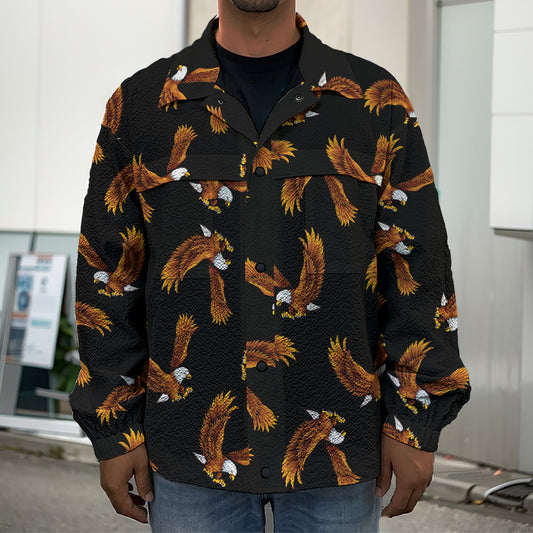 White And Brown Eagle Pattern Print Men's Shirt Jacket