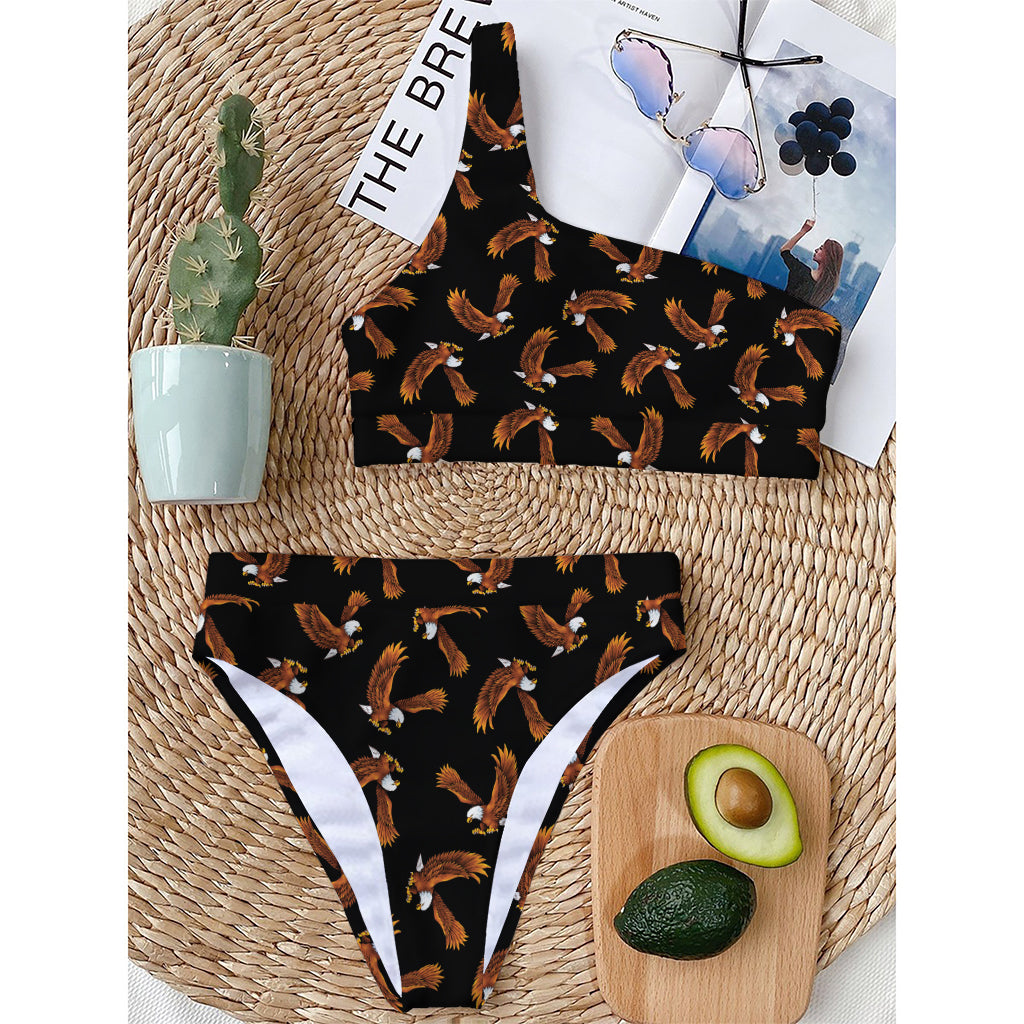 White And Brown Eagle Pattern Print One Shoulder Bikini Top