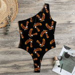 White And Brown Eagle Pattern Print One Shoulder Bodysuit
