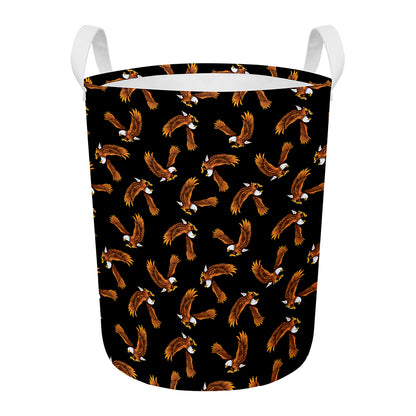 White And Brown Eagle Pattern Print Round Laundry Basket