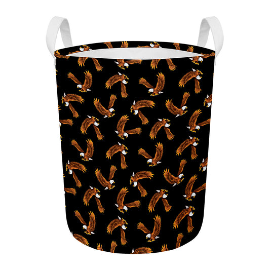 White And Brown Eagle Pattern Print Round Laundry Basket
