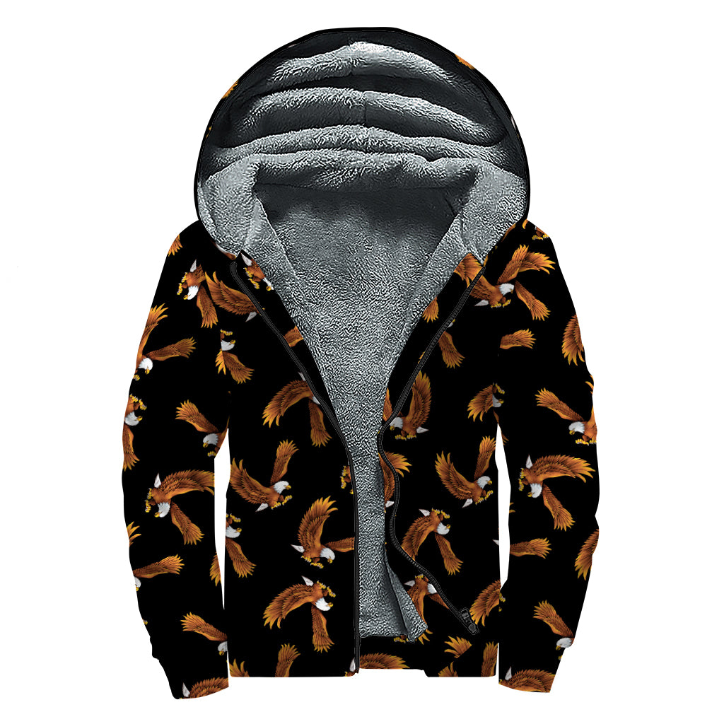 White And Brown Eagle Pattern Print Sherpa Lined Zip Up Hoodie