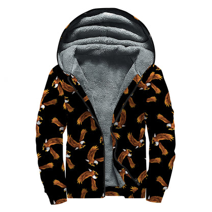 White And Brown Eagle Pattern Print Sherpa Lined Zip Up Hoodie
