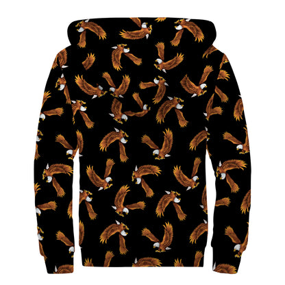 White And Brown Eagle Pattern Print Sherpa Lined Zip Up Hoodie