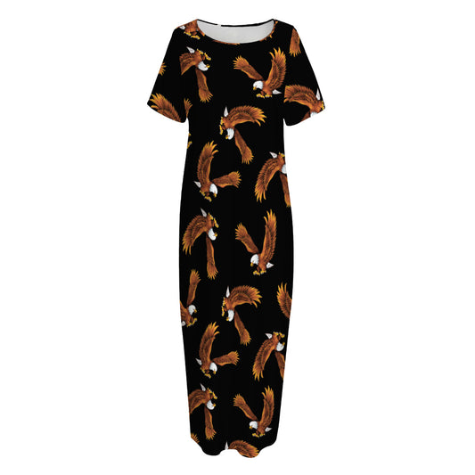 White And Brown Eagle Pattern Print Short Sleeve Long Nightdress