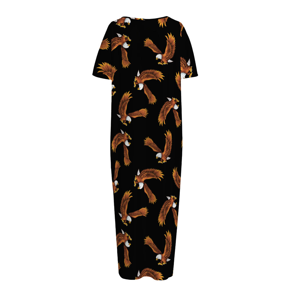 White And Brown Eagle Pattern Print Short Sleeve Long Nightdress