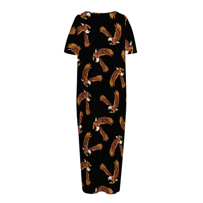 White And Brown Eagle Pattern Print Short Sleeve Long Nightdress