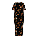 White And Brown Eagle Pattern Print Short Sleeve Long Nightdress