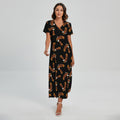 White And Brown Eagle Pattern Print Short Sleeve Maxi Dress
