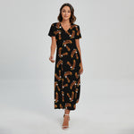 White And Brown Eagle Pattern Print Short Sleeve Maxi Dress