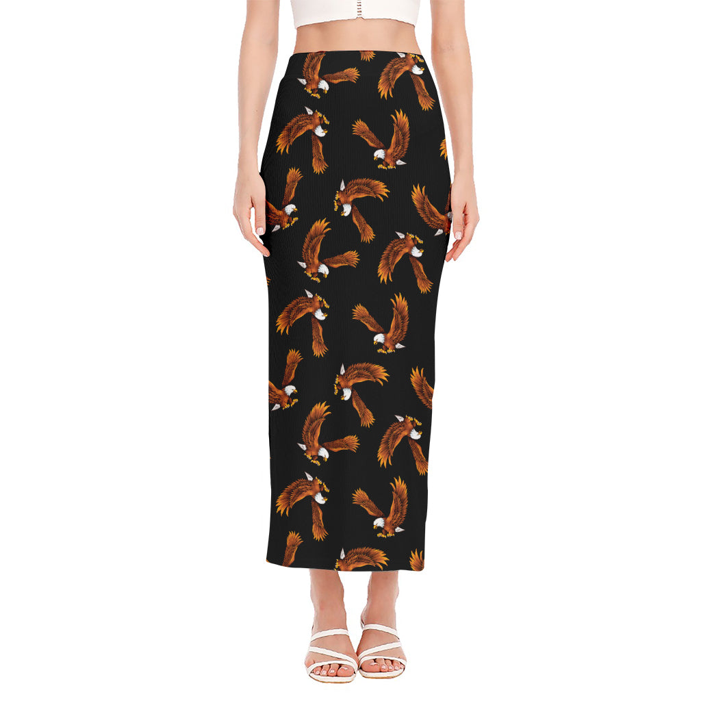 White And Brown Eagle Pattern Print Side Slit Maxi Skirt