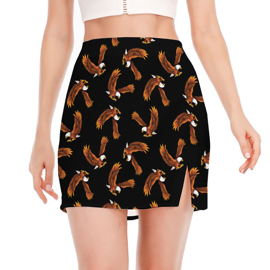 White And Brown Eagle Pattern Print Side Slit Mini Skirt