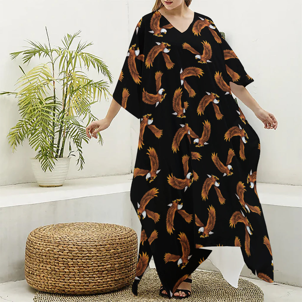 White And Brown Eagle Pattern Print Silk V-Neck Kaftan Dress
