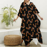 White And Brown Eagle Pattern Print Silk V-Neck Kaftan Dress