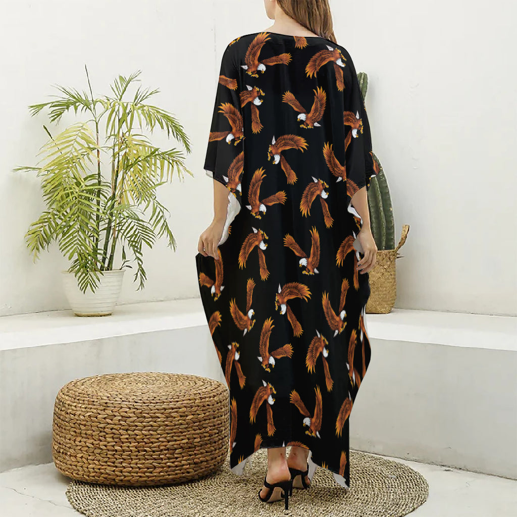 White And Brown Eagle Pattern Print Silk V-Neck Kaftan Dress