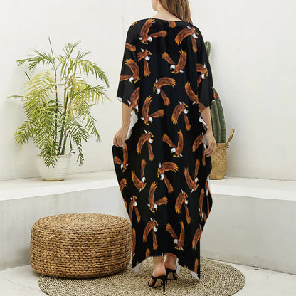 White And Brown Eagle Pattern Print Silk V-Neck Kaftan Dress