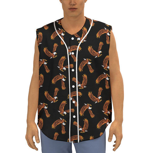 White And Brown Eagle Pattern Print Sleeveless Baseball Jersey