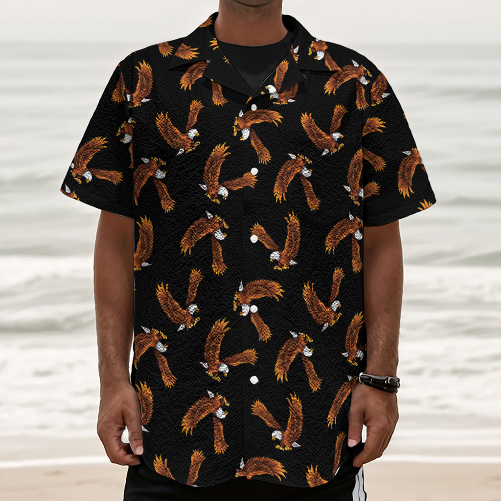 White And Brown Eagle Pattern Print Textured Short Sleeve Shirt