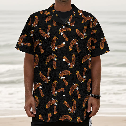 White And Brown Eagle Pattern Print Textured Short Sleeve Shirt