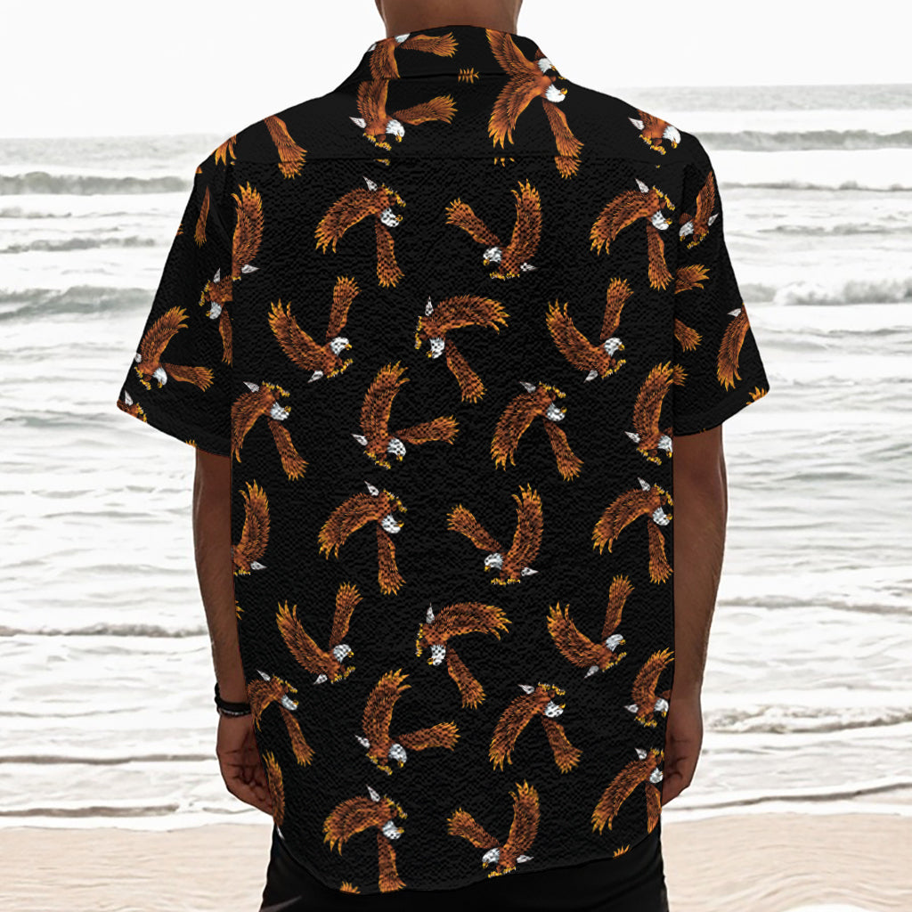 White And Brown Eagle Pattern Print Textured Short Sleeve Shirt