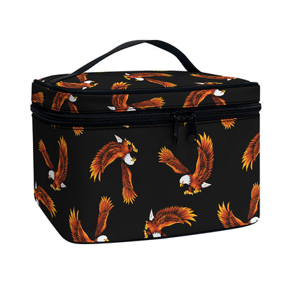 White And Brown Eagle Pattern Print Travel Makeup Bag