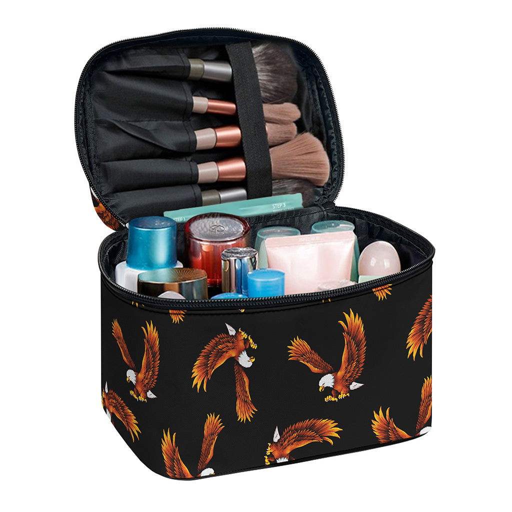 White And Brown Eagle Pattern Print Travel Makeup Bag