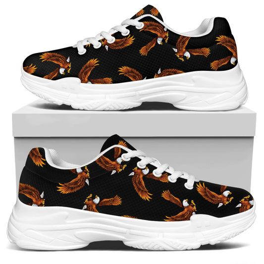 White And Brown Eagle Pattern Print White Chunky Shoes