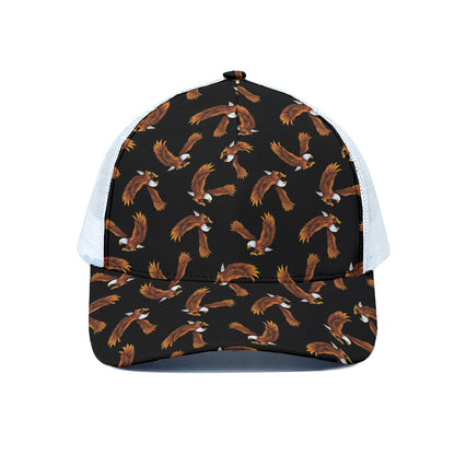 White And Brown Eagle Pattern Print White Mesh Trucker Cap