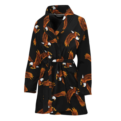 White And Brown Eagle Pattern Print Women's Bathrobe