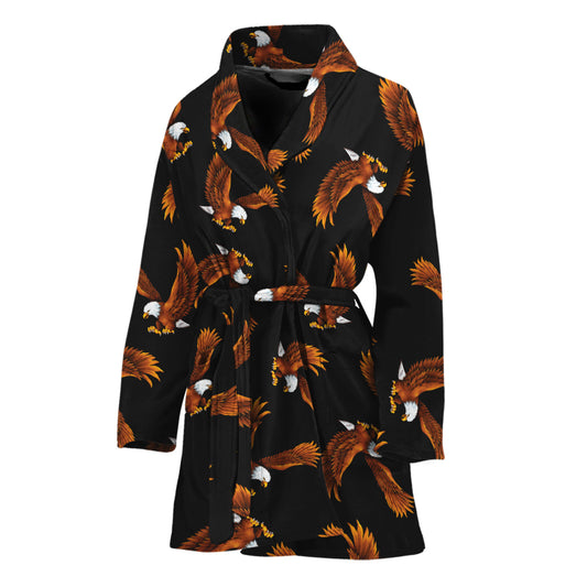 White And Brown Eagle Pattern Print Women's Bathrobe