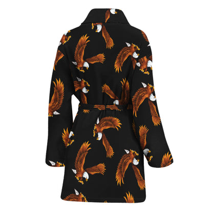 White And Brown Eagle Pattern Print Women's Bathrobe