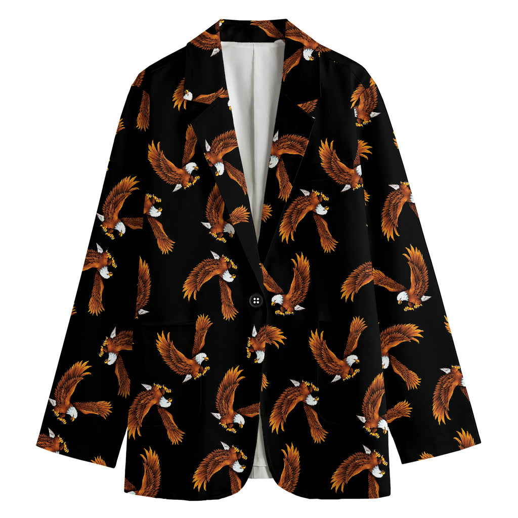 White And Brown Eagle Pattern Print Women's Blazer