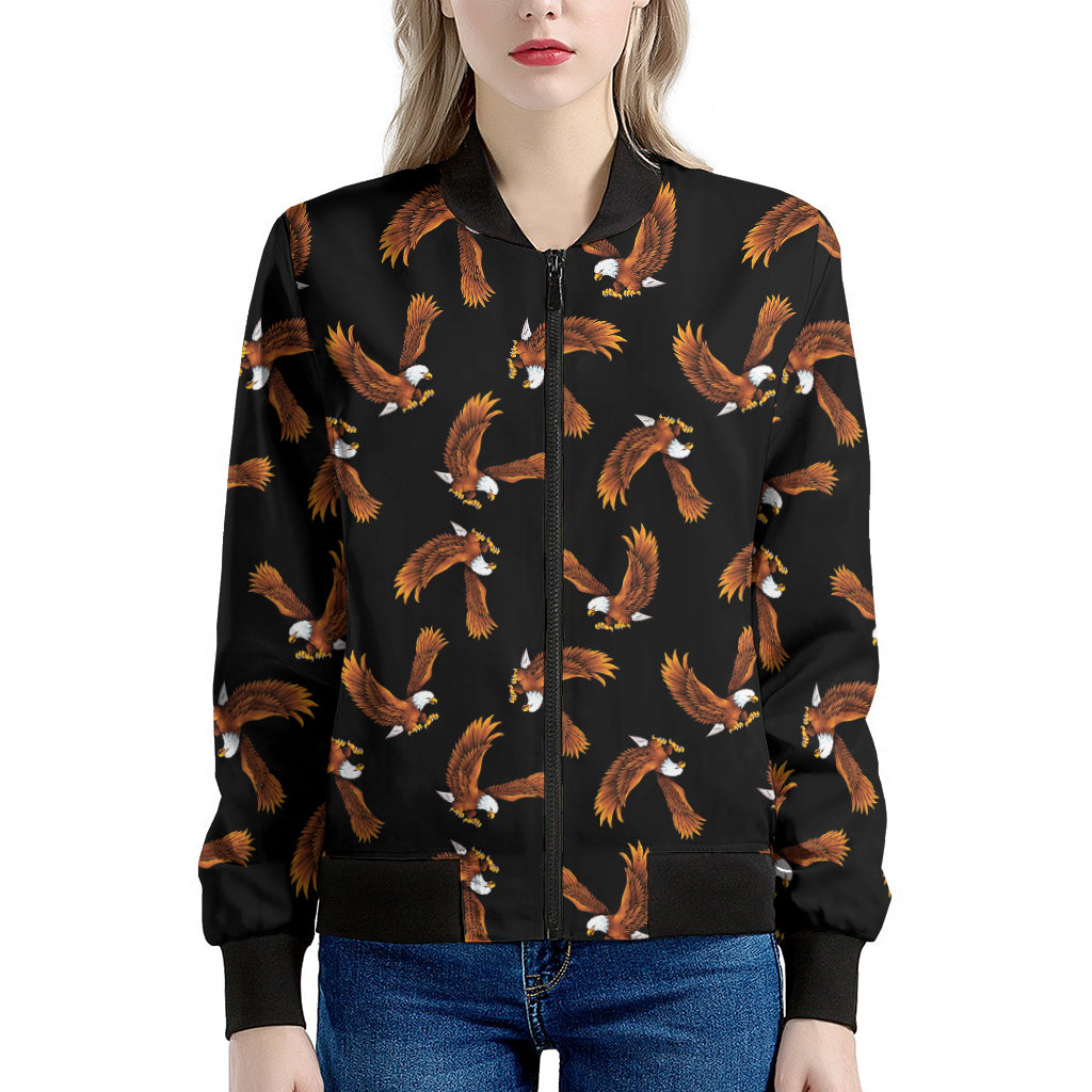White And Brown Eagle Pattern Print Women's Bomber Jacket