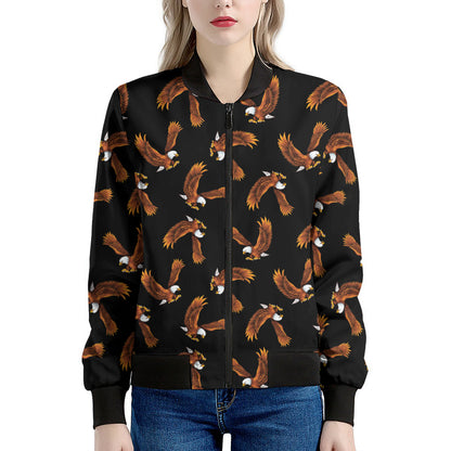 White And Brown Eagle Pattern Print Women's Bomber Jacket