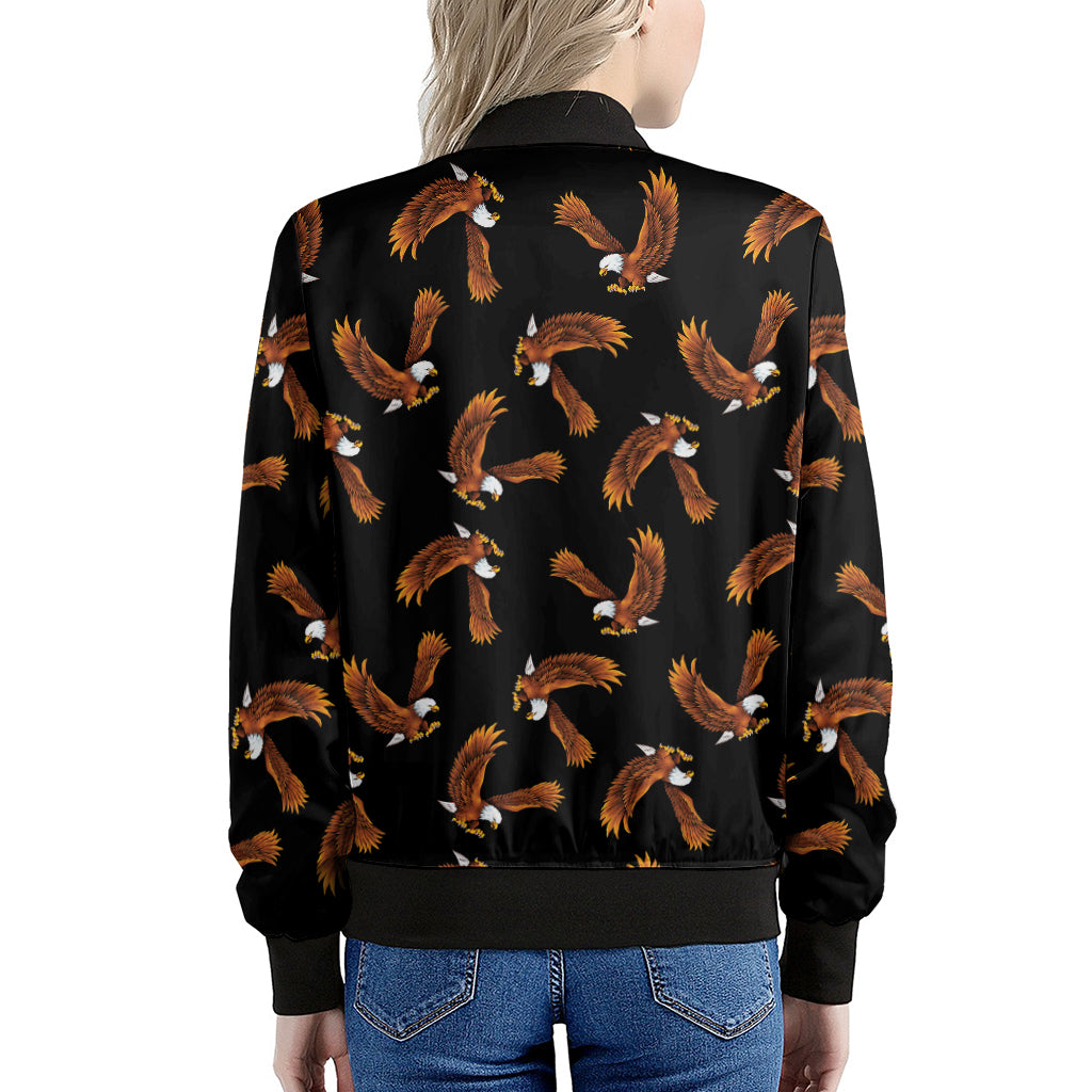 White And Brown Eagle Pattern Print Women's Bomber Jacket