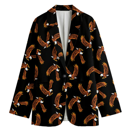 White And Brown Eagle Pattern Print Women's Cotton Blazer