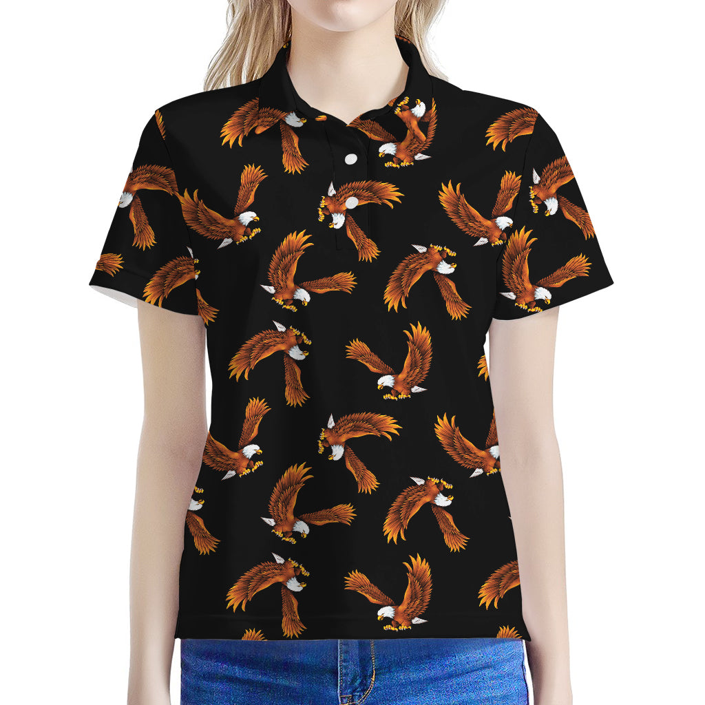 White And Brown Eagle Pattern Print Women's Polo Shirt