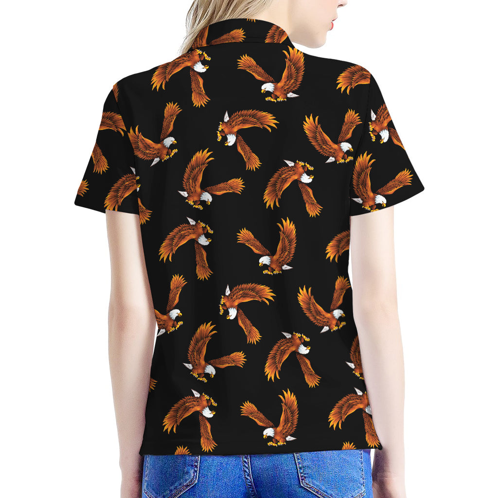 White And Brown Eagle Pattern Print Women's Polo Shirt