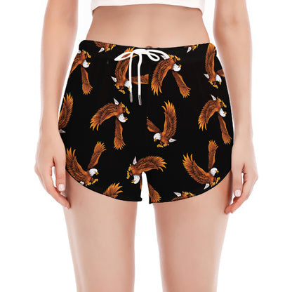 White And Brown Eagle Pattern Print Women's Split Running Shorts