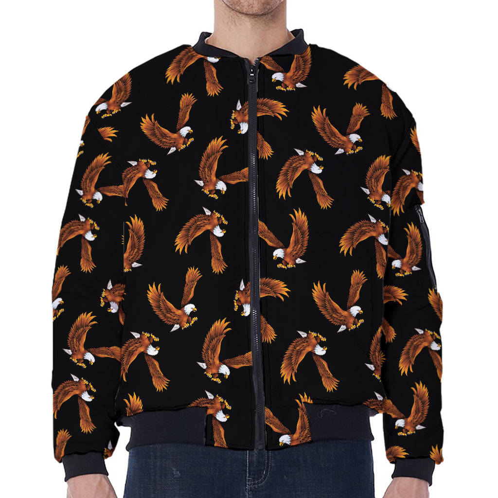 White And Brown Eagle Pattern Print Zip Sleeve Bomber Jacket