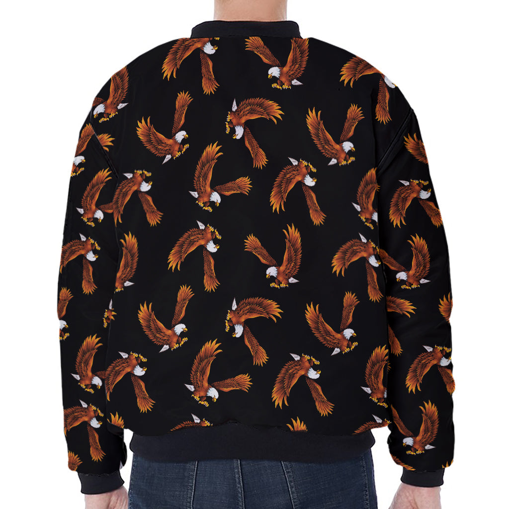 White And Brown Eagle Pattern Print Zip Sleeve Bomber Jacket