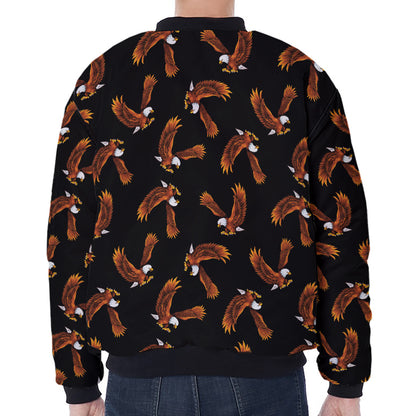 White And Brown Eagle Pattern Print Zip Sleeve Bomber Jacket
